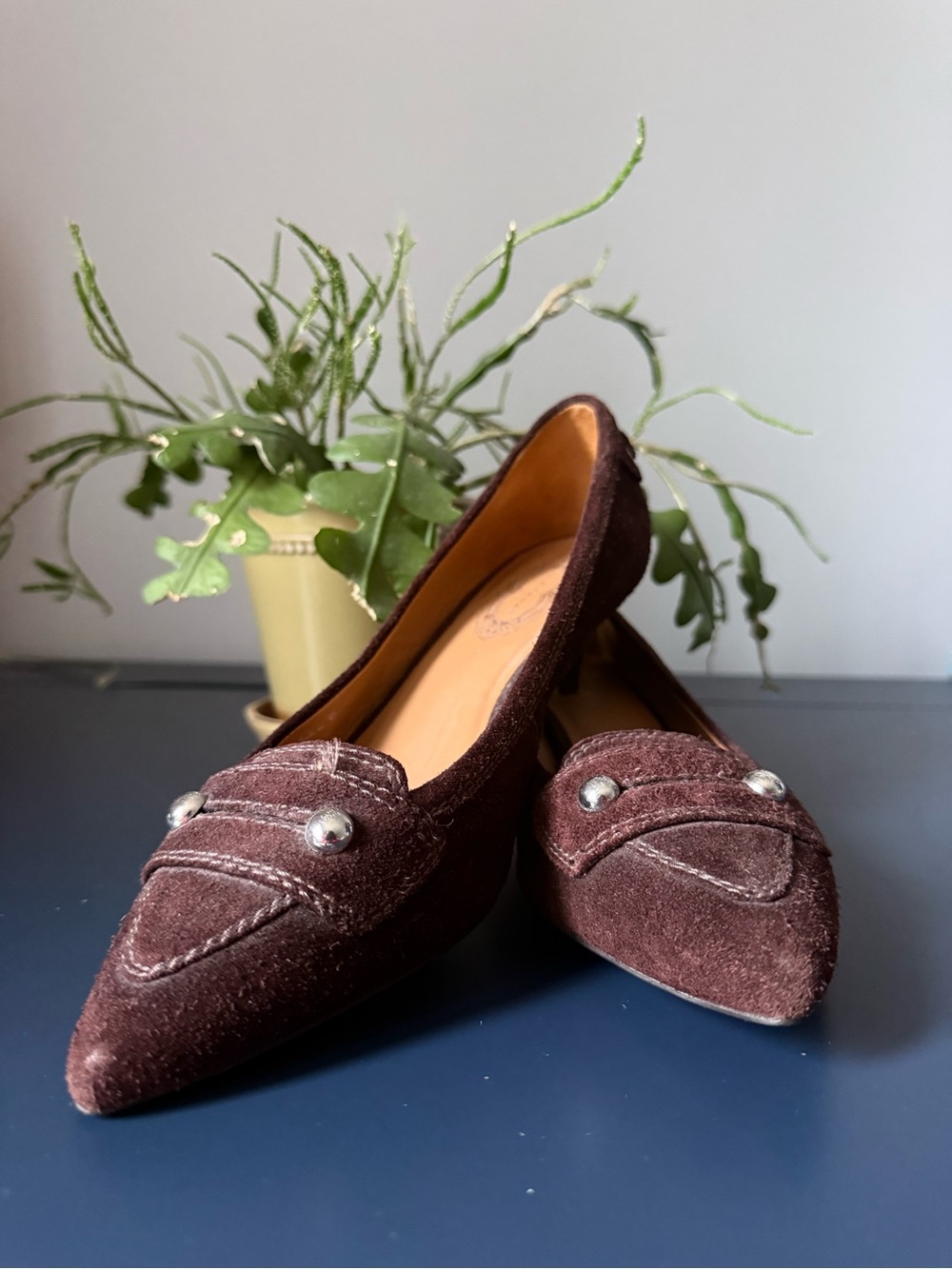 Brown leather Velvet Pointed-Toe kitten heel Loafers
